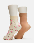 2 FLOWER PACK SHEER ANKLET SOCKS VANILLA