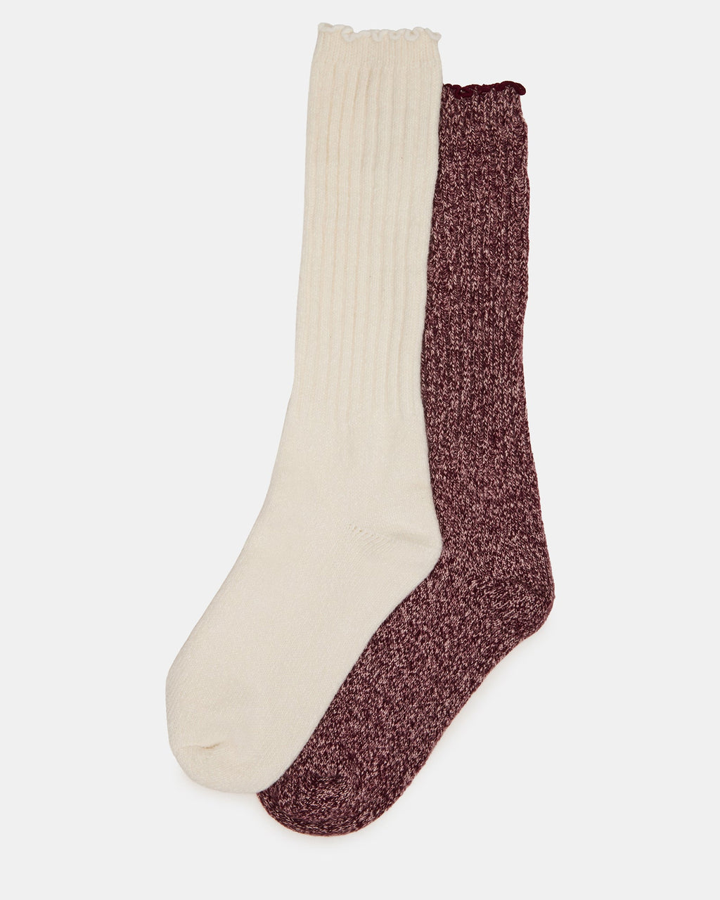 2 PACK SUPER SOFT LETTUCE EDGE SOCKS IVORY/BURGUNDY