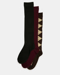 3 PACK ARGYLE KNEE HIGH SOCKS BROWN MULTI